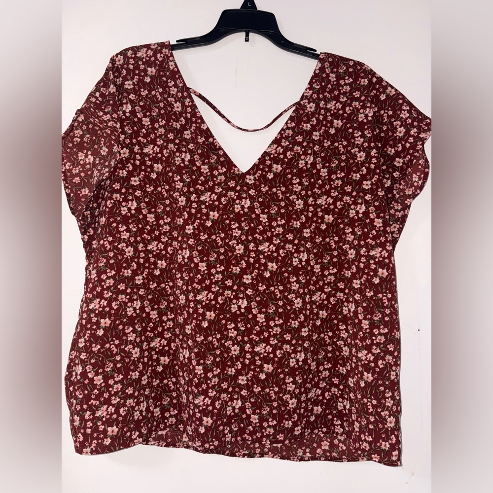 Forever 21 Burgundy Floral V-Neck Blouse